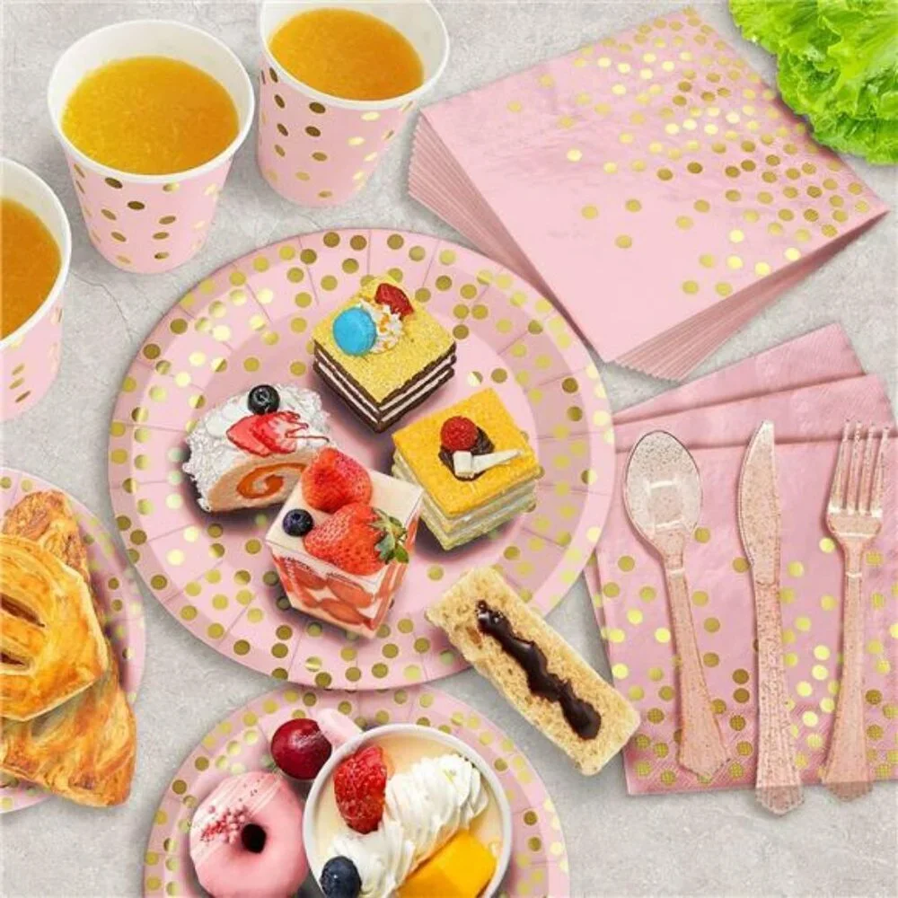 Pink Rose Gold Party Supplies Set for 25 Guests Plates Cups Napkins Cutlery